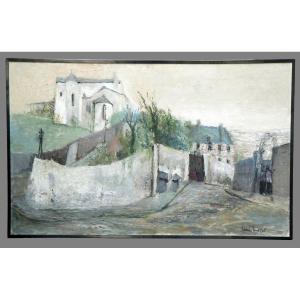 Louis MAZOT (1919-1994), La montée à l'église, grande huile sur toile