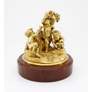 Amours vendangeurs - Groupe en bronze doré sur marbre griotte, attribué à Raingo - Paris, 1860