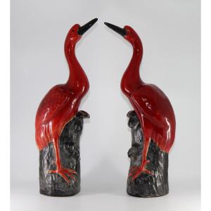 Pair Of Large Polychrome Enameled Porcelain Cranes - China, 20th Century