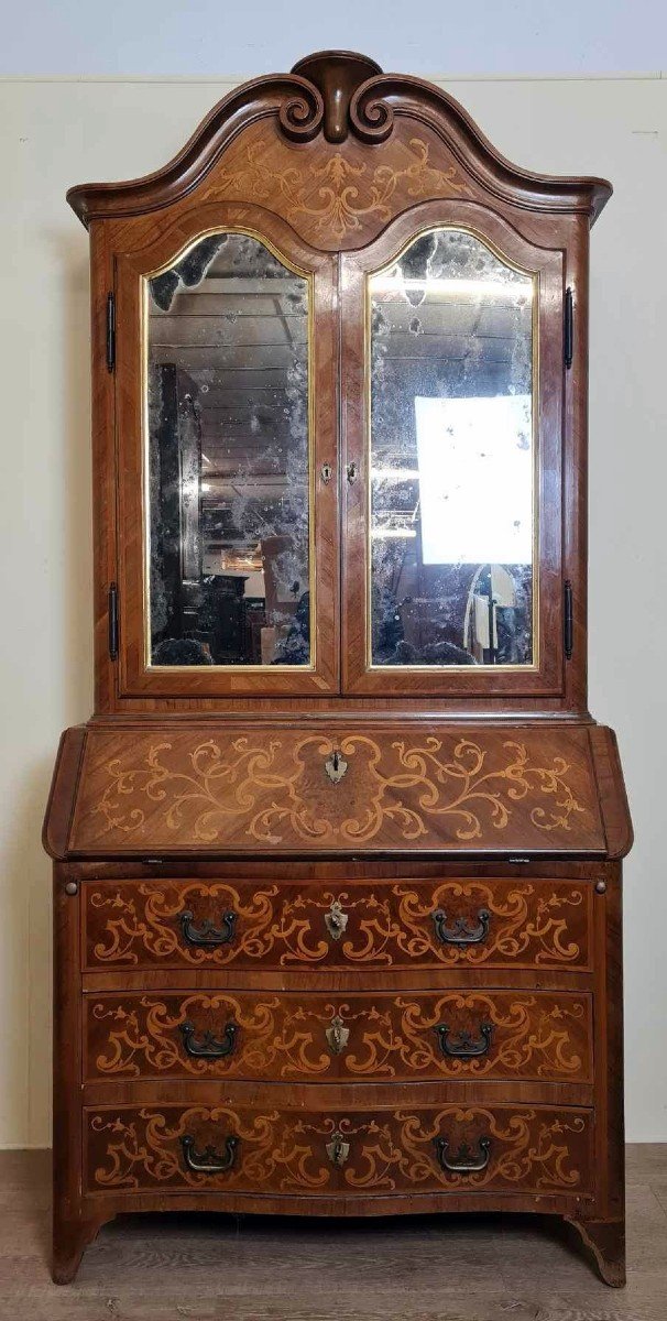 Curved Louis XV Style Cabinet Secretary In Walnut And Marquetry-photo-1