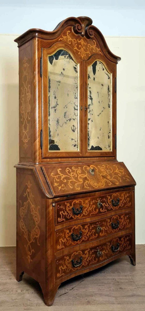 Curved Louis XV Style Cabinet Secretary In Walnut And Marquetry