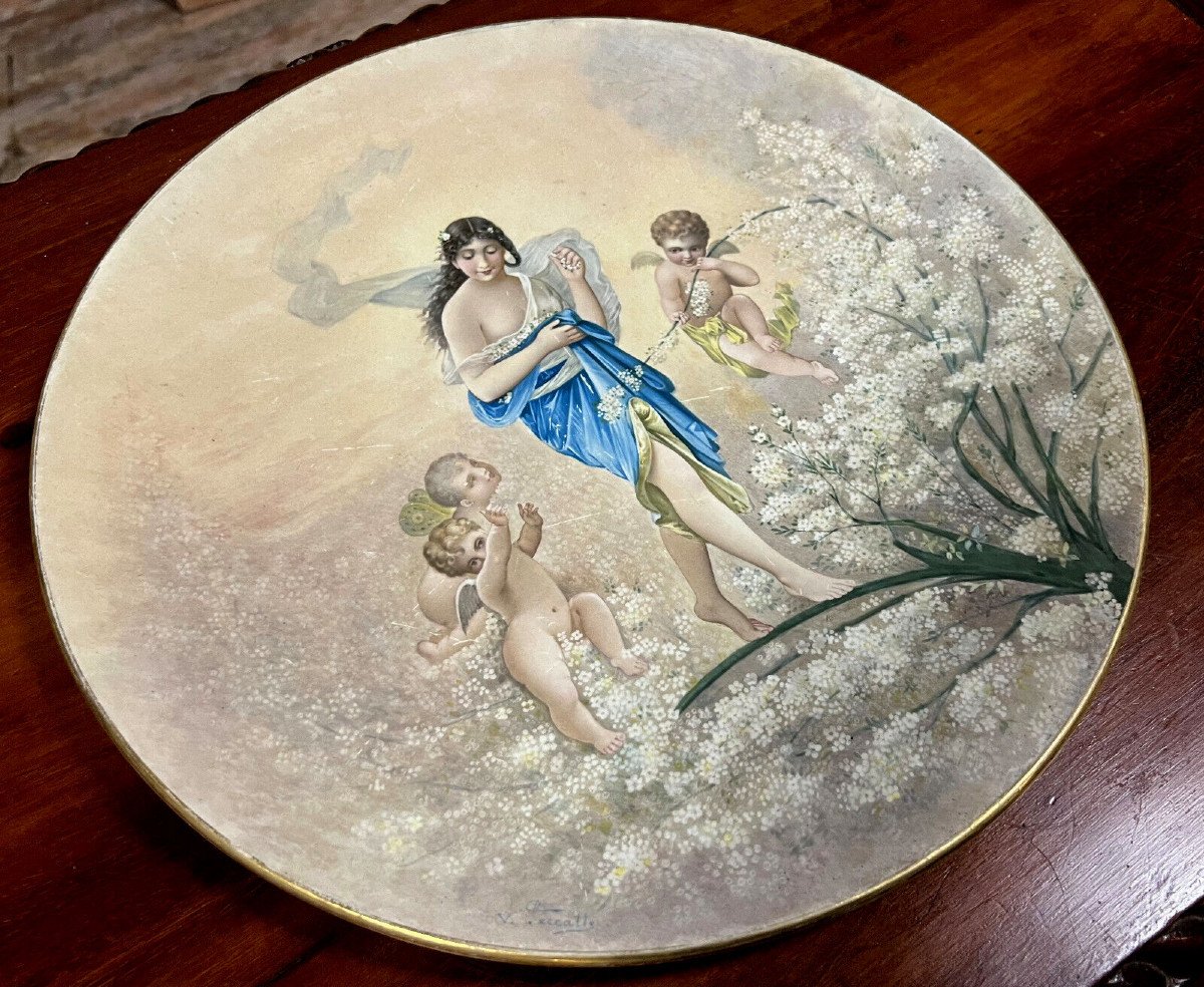 V Peccatte: Large Porcelain Dish Decorated With An Allegorical Scene Circa 1900-photo-1