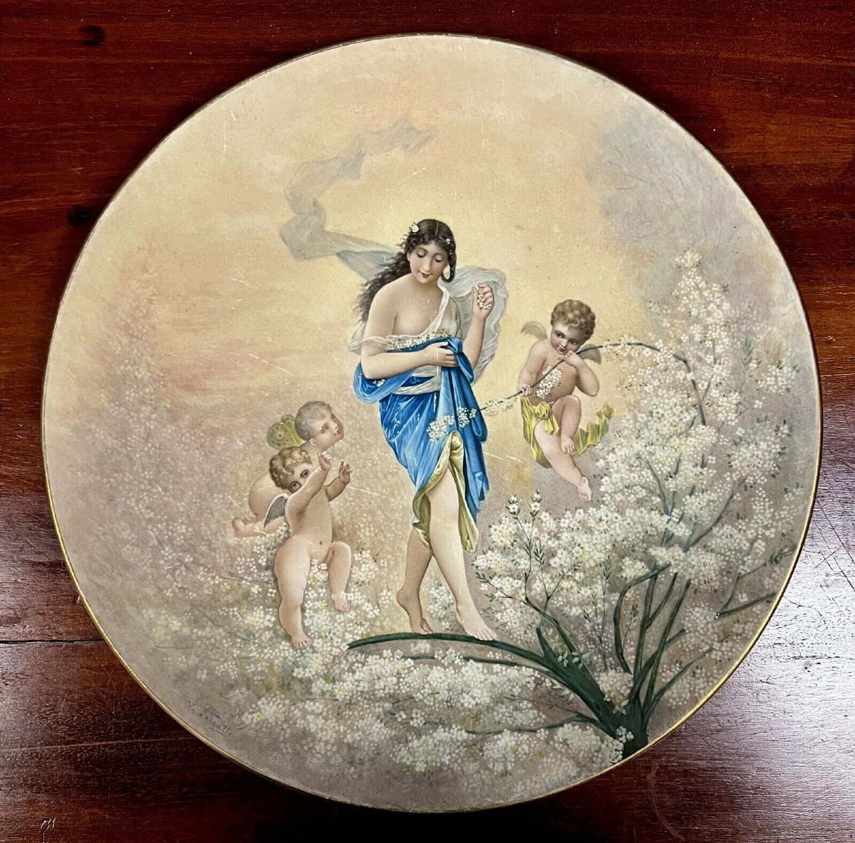 V Peccatte: Large Porcelain Dish Decorated With An Allegorical Scene Circa 1900