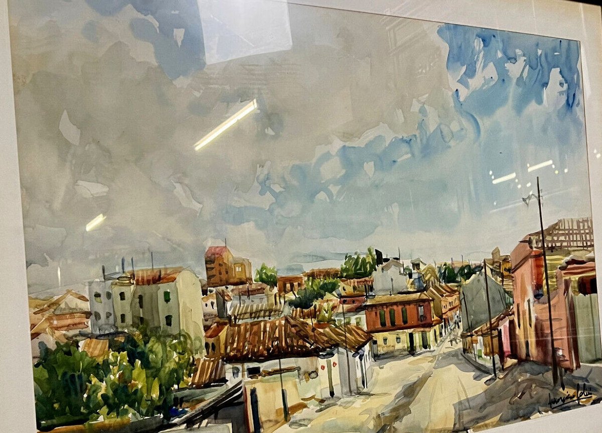 Very Large Watercolor View Of A Mediterranean Town / 115 X 81 Cm-photo-1