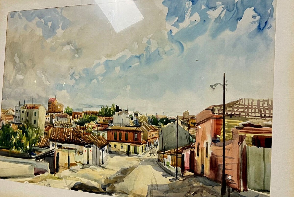 Very Large Watercolor View Of A Mediterranean Town / 115 X 81 Cm-photo-2