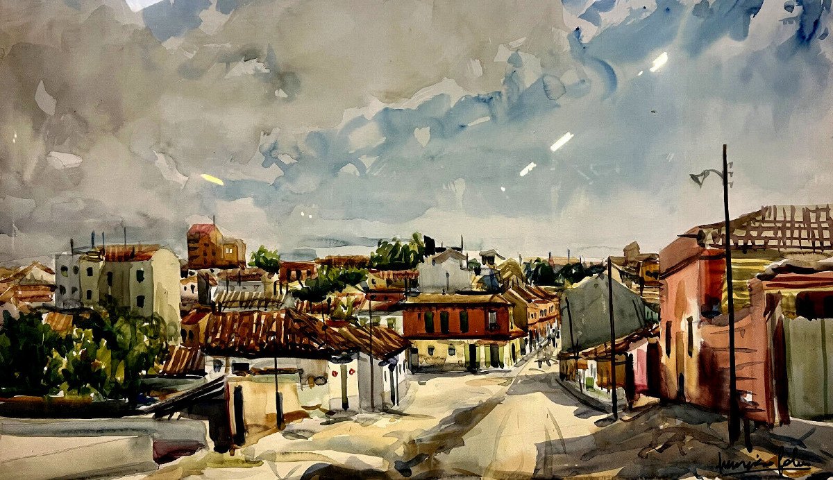 Very Large Watercolor View Of A Mediterranean Town / 115 X 81 Cm-photo-3