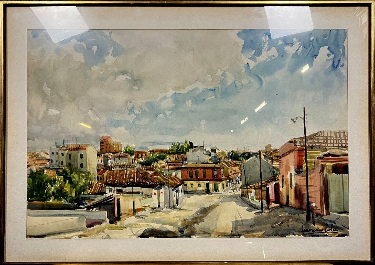 Very Large Watercolor View Of A Mediterranean Town / 115 X 81 Cm