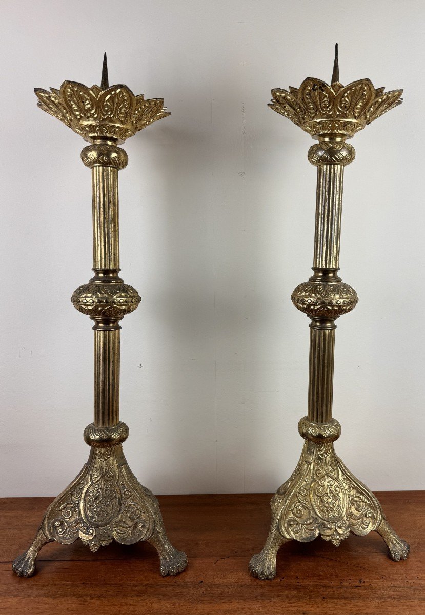 Large Pair Of Gothic Style Candlesticks In Bronze 19th Century / H80cm-photo-1