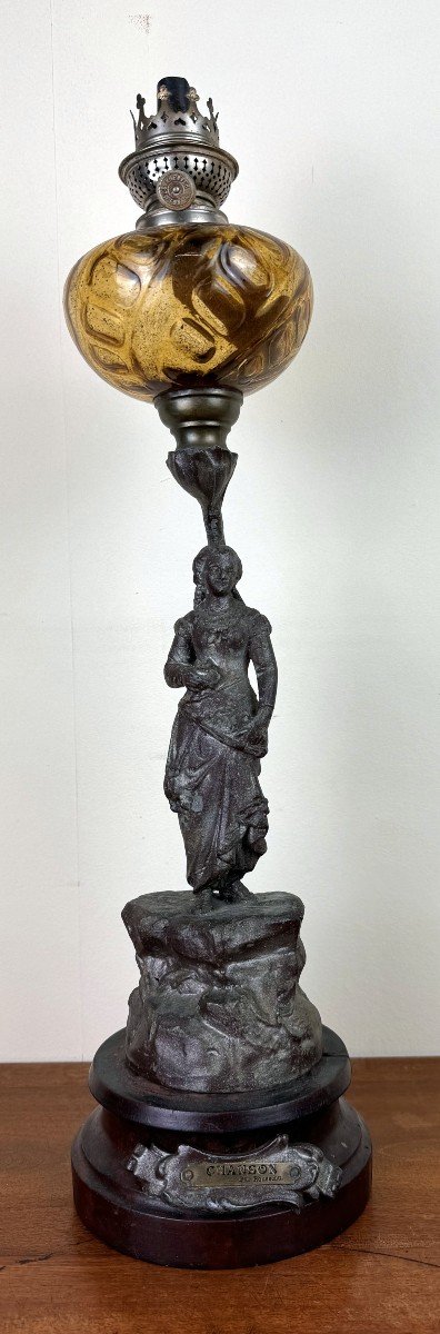 Large Oil Lamp Mounted On A Regulate Statue Entitled “chanson By Rousseau” 