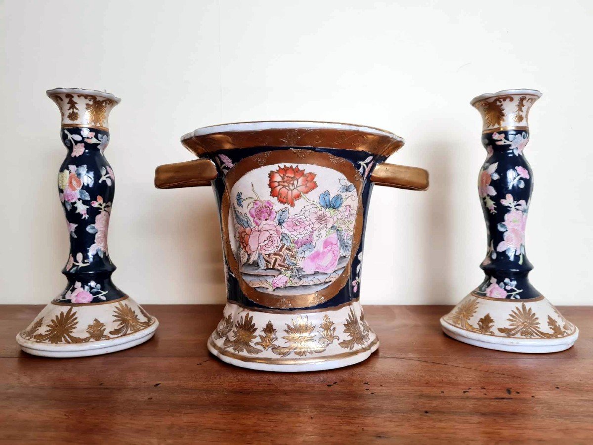 Japanese Triptych Including 1 Cache Pot And 2 Porcelain Candlesticks