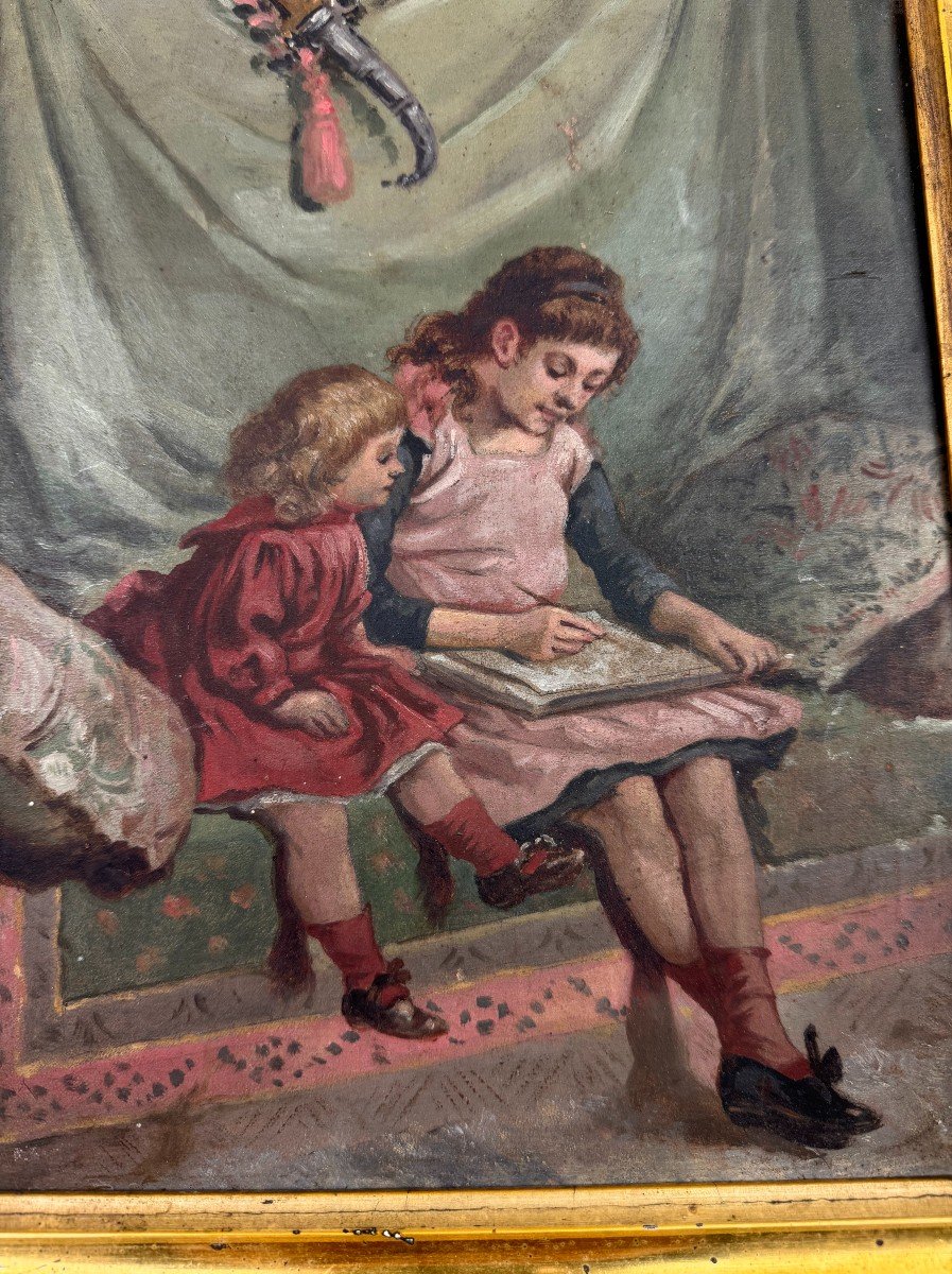 19th Century French School: Oil On Panel "the Drawing Lesson" -photo-4