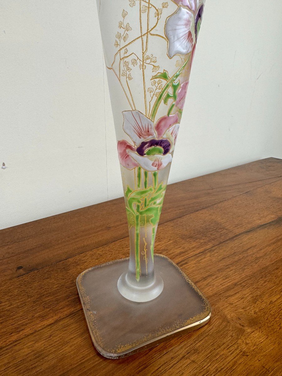 Paire De Vases Cornets En Verre Givré d'Après Montjoye Par Legras époque Art Nouveau-photo-2