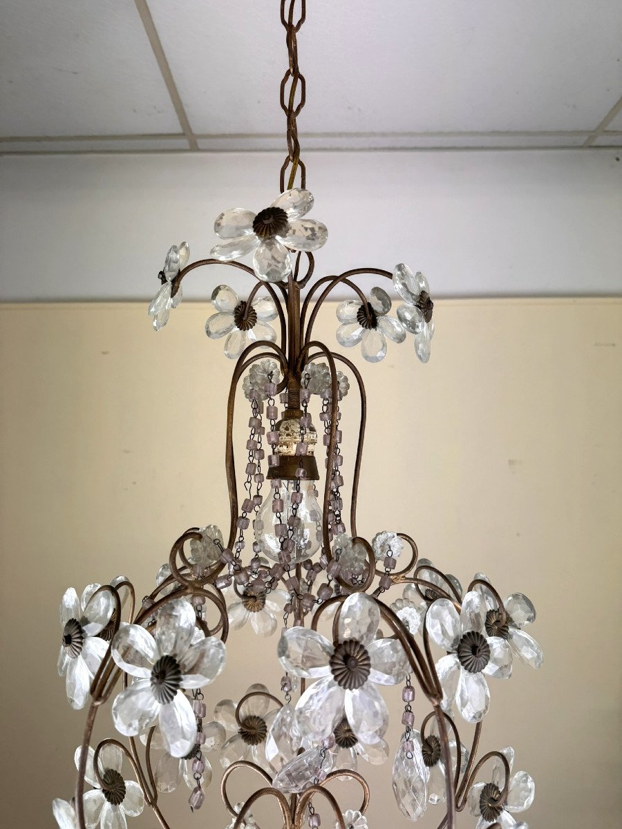 Chandelier With Flower Decor In Murano Glass And Golden Brass From The 1960s-photo-1