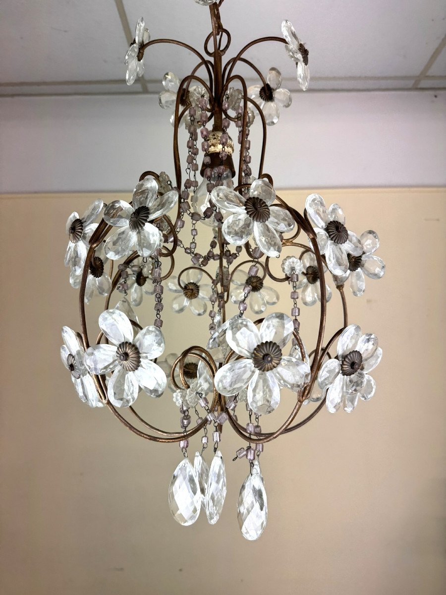 Chandelier With Flower Decor In Murano Glass And Golden Brass From The 1960s-photo-2