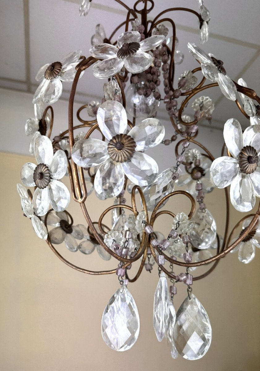 Chandelier With Flower Decor In Murano Glass And Golden Brass From The 1960s-photo-3