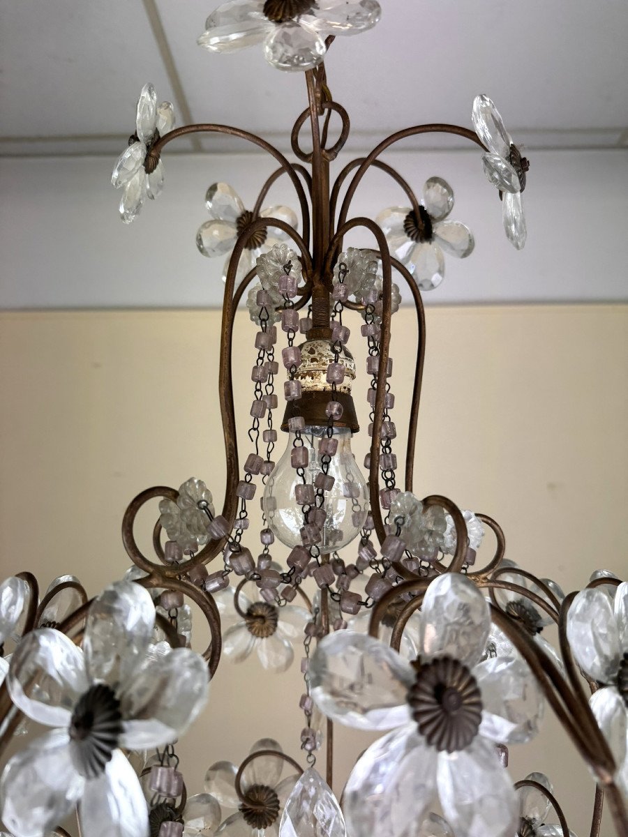 Chandelier With Flower Decor In Murano Glass And Golden Brass From The 1960s-photo-5