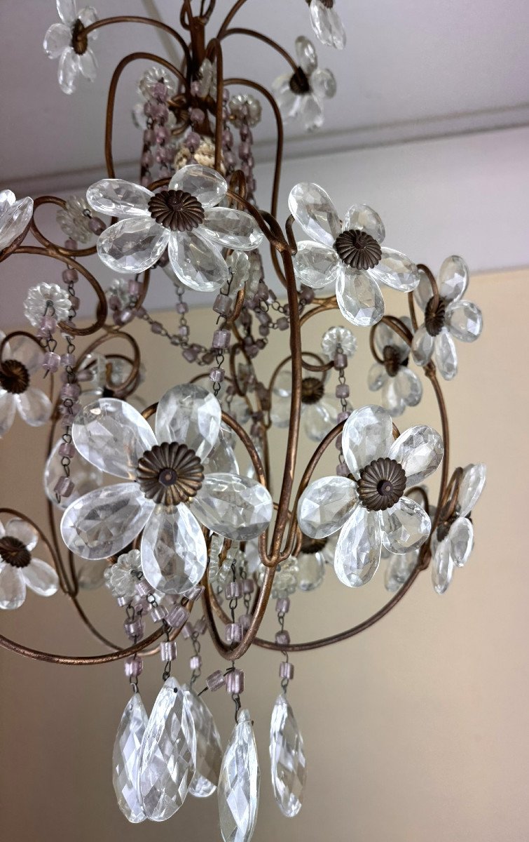 Chandelier With Flower Decor In Murano Glass And Golden Brass From The 1960s-photo-6