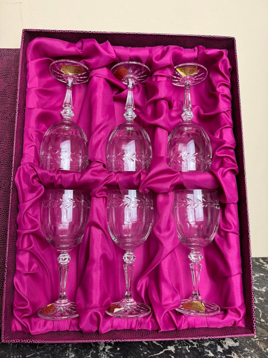 Cristal De Lorraine : 6 Verres A Vin Avec Coffret d'Origine-photo-1