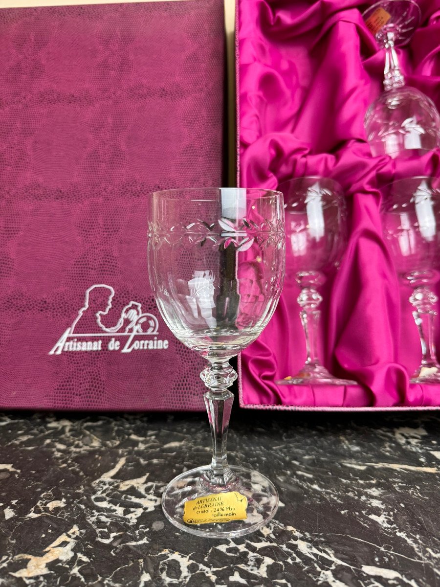 Cristal De Lorraine : 6 Verres A Vin Avec Coffret d'Origine-photo-2