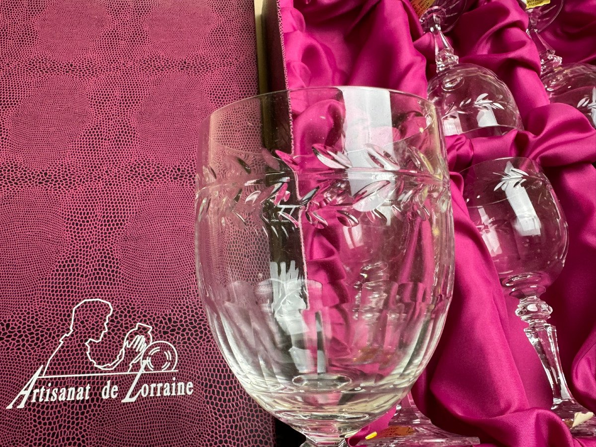 Cristal De Lorraine : 6 Verres A Vin Avec Coffret d'Origine-photo-3