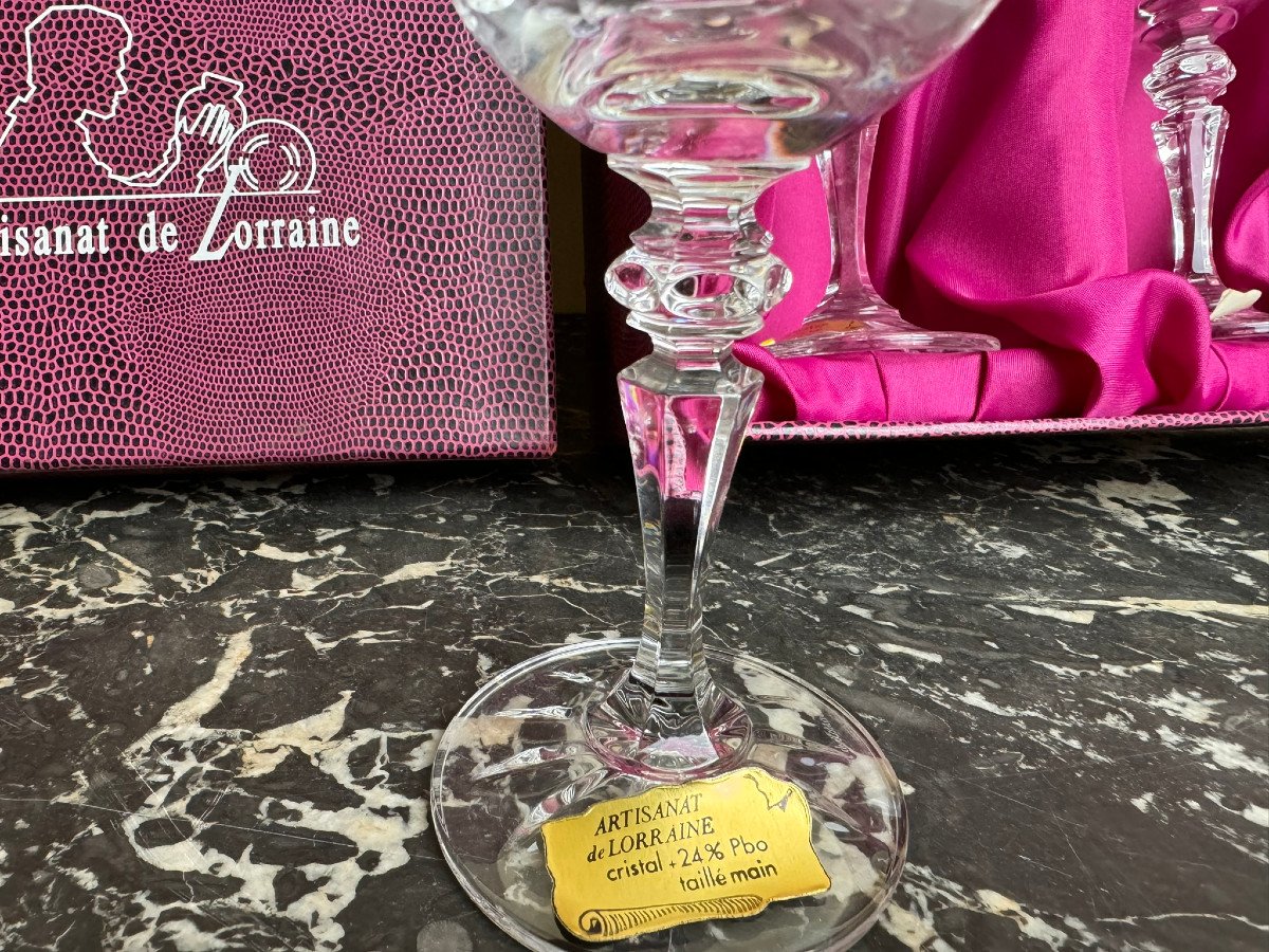 Cristal De Lorraine : 6 Verres A Vin Avec Coffret d'Origine-photo-4