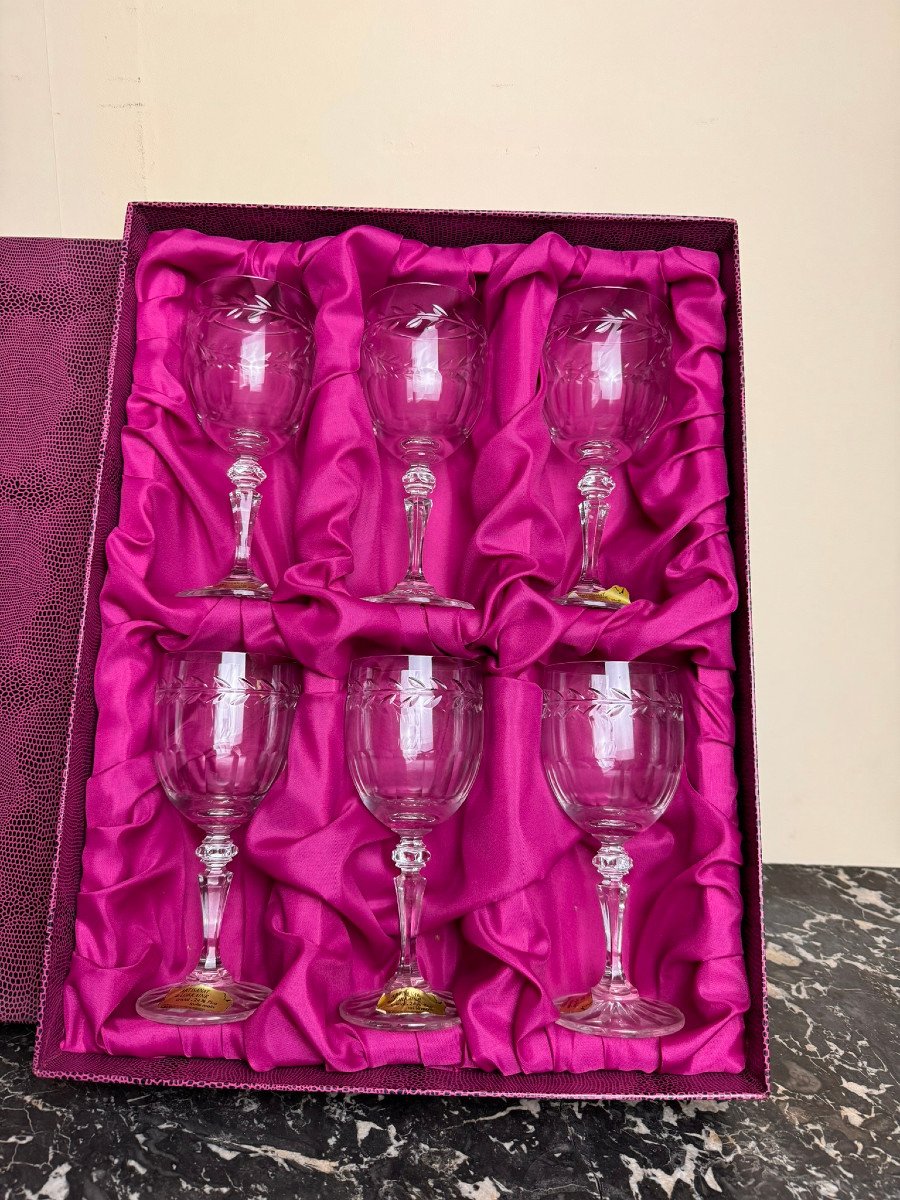 Cristal De Lorraine : 6 Verres A Vin Avec Coffret d'Origine-photo-5