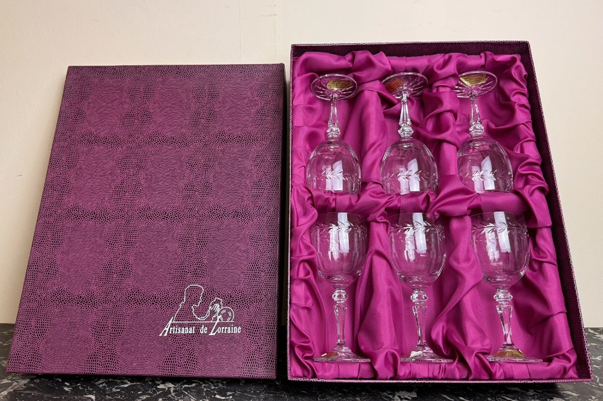 Cristal De Lorraine : 6 Verres A Vin Avec Coffret d'Origine