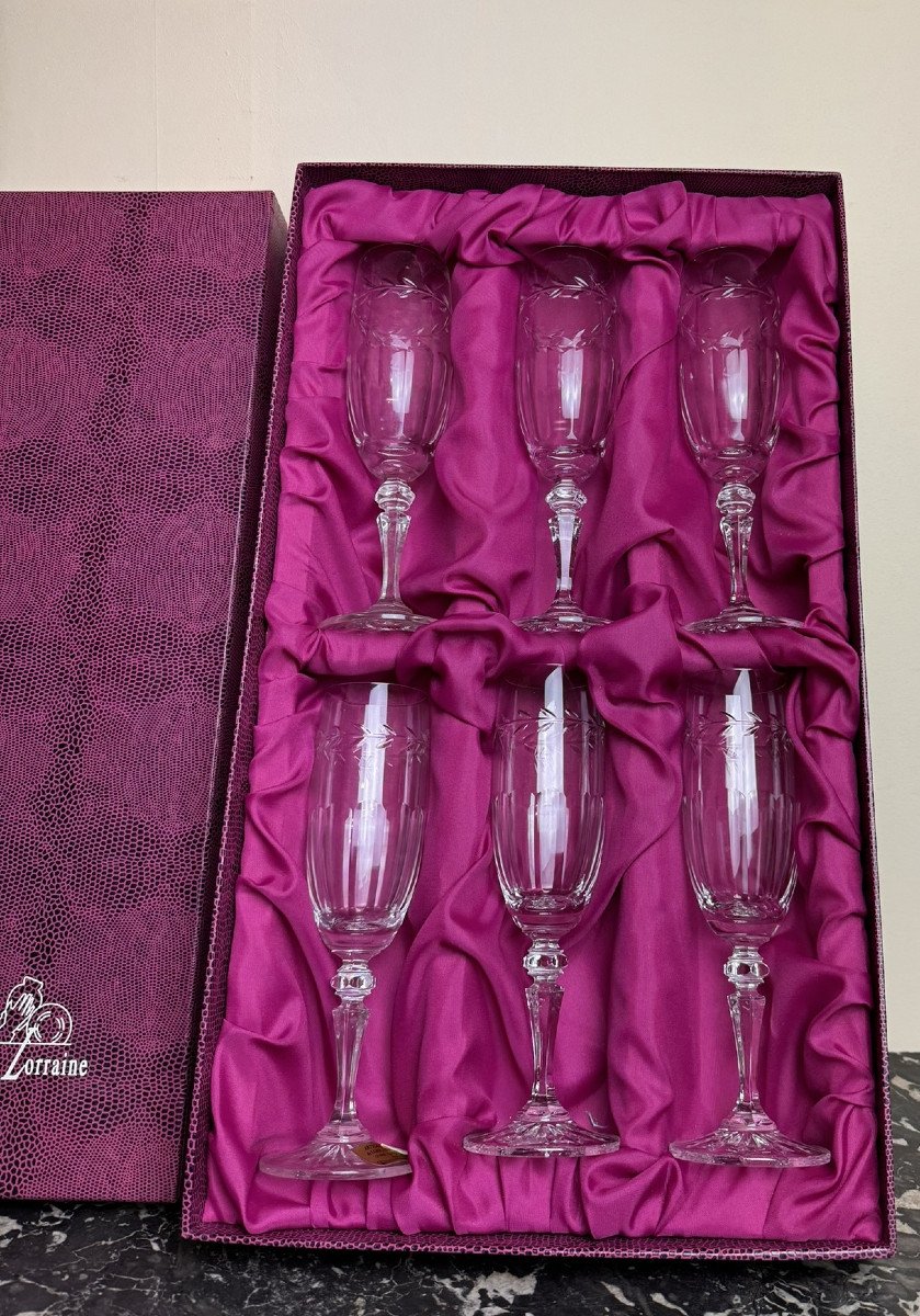 Cristal De Lorraine: 6 Champagne Flutes With Original Box-photo-1