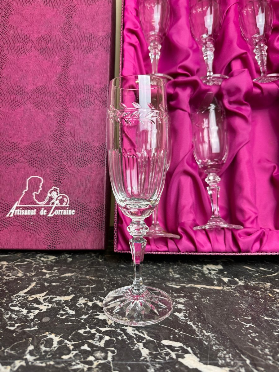 Cristal De Lorraine: 6 Champagne Flutes With Original Box-photo-3