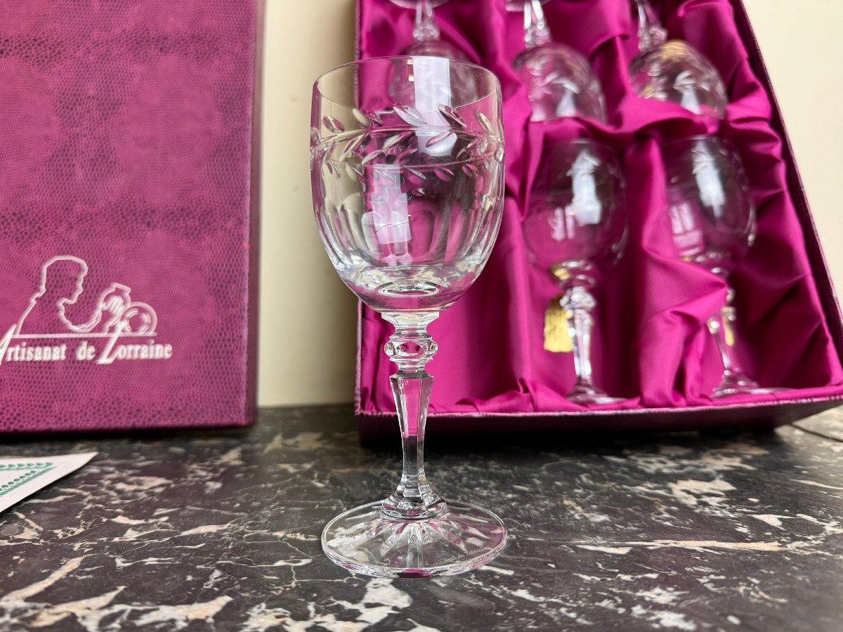 Cristal De Lorraine : 6 Verres A Vin Rouge Avec Coffret d'Origine-photo-4