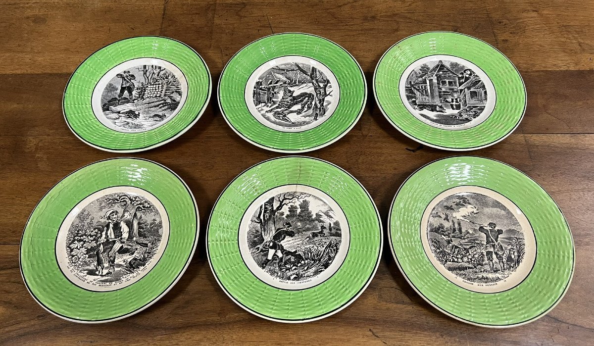 Sarreguemines Digoin: Series Of Six Earthenware Talking Plates With Hunting Decor