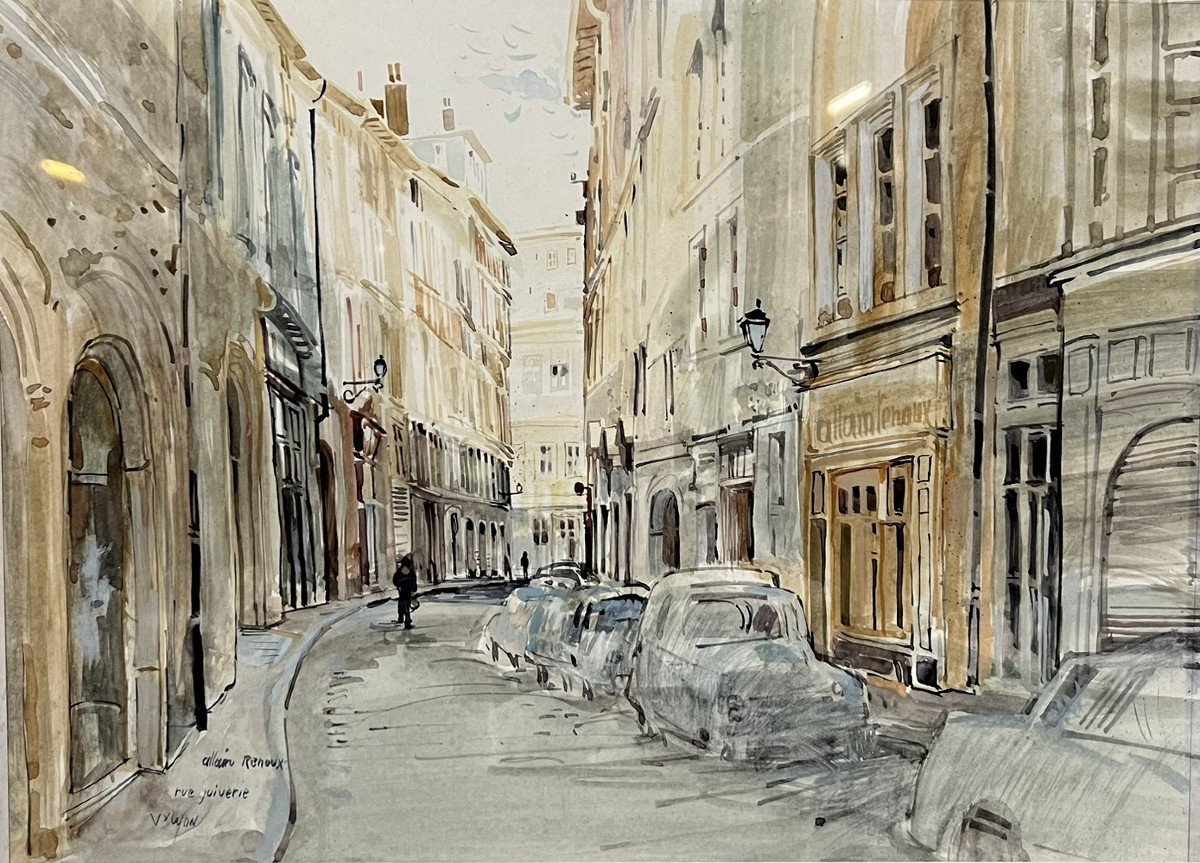 Allain Renoux Lyonnais Artist: Watercolor Representing A Street In Old Lyon-photo-1