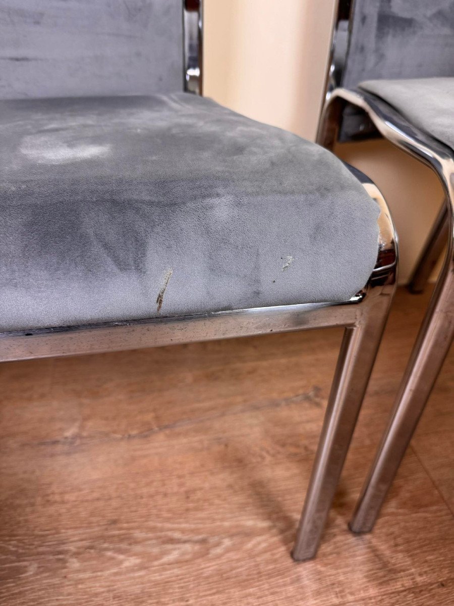 Série De Chaises De Salle à Manger Italiennes De 1970, Chromées Et Recouvertes De Velours -photo-3