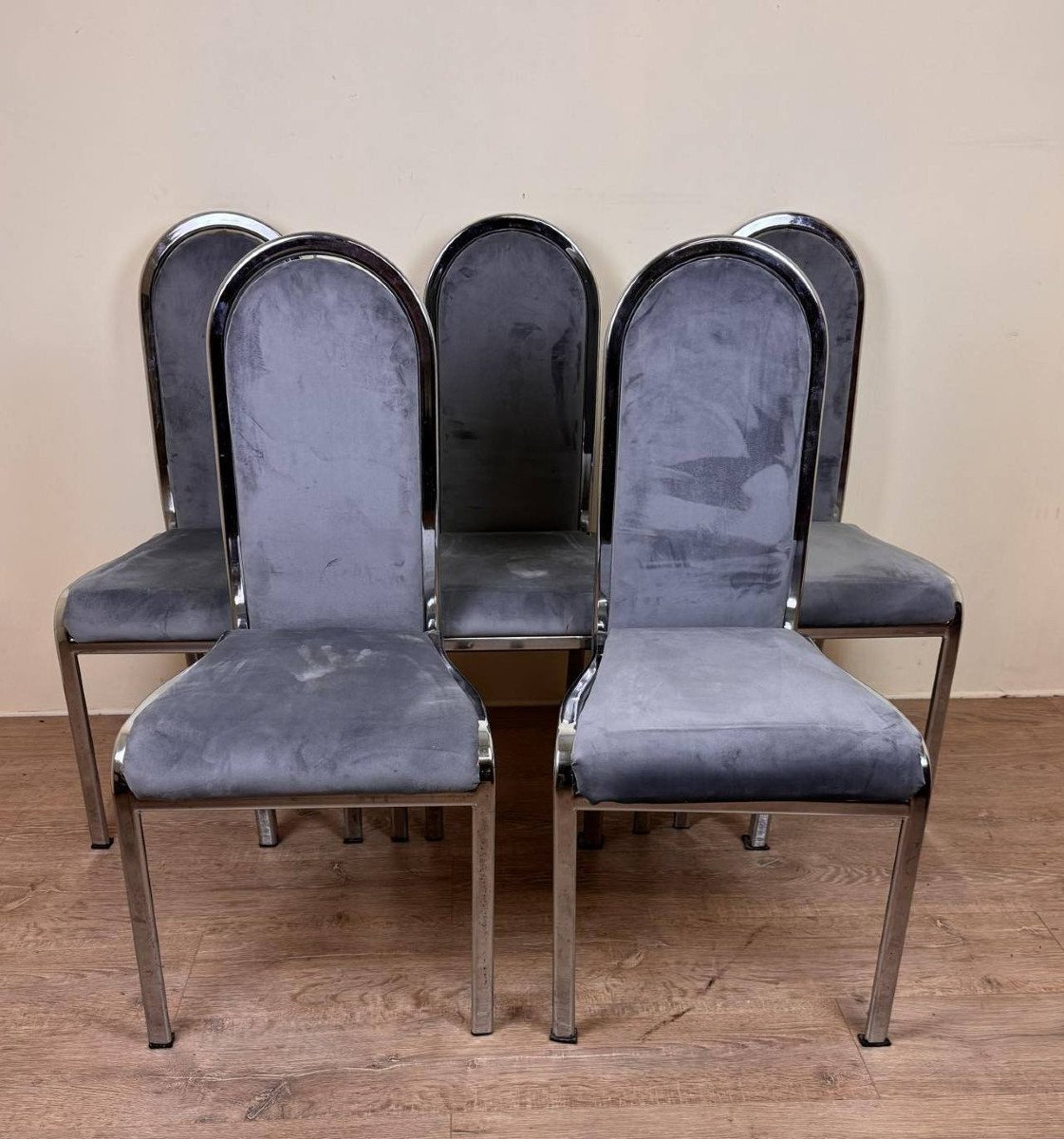 Série De Chaises De Salle à Manger Italiennes De 1970, Chromées Et Recouvertes De Velours 