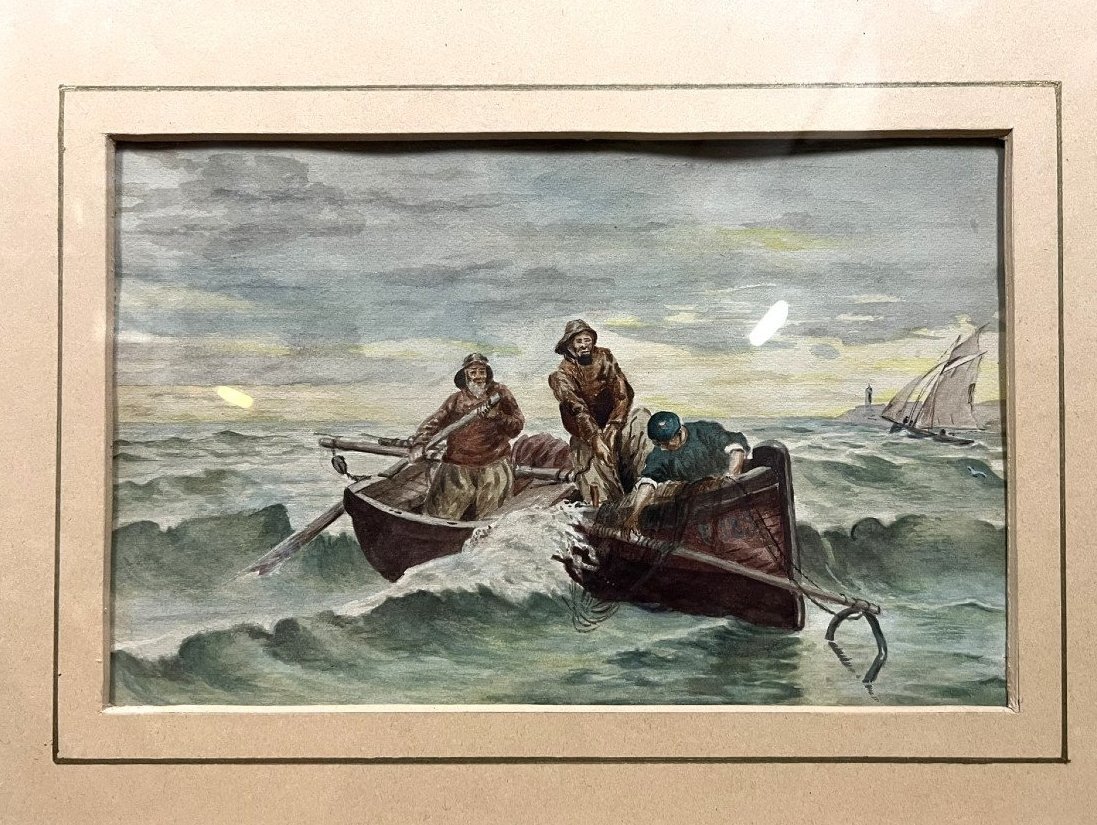 Aquarelle époque XIXeme Figurant Des Pécheurs En Mer Agitée -photo-4