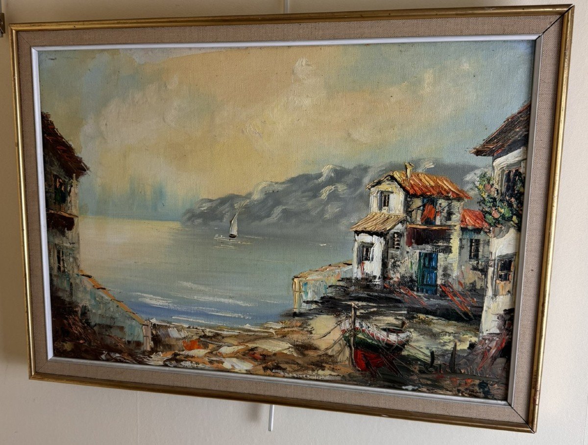 Large Oil On Canvas: View Of A Lively Bay On The Edge Of The Mediterranean