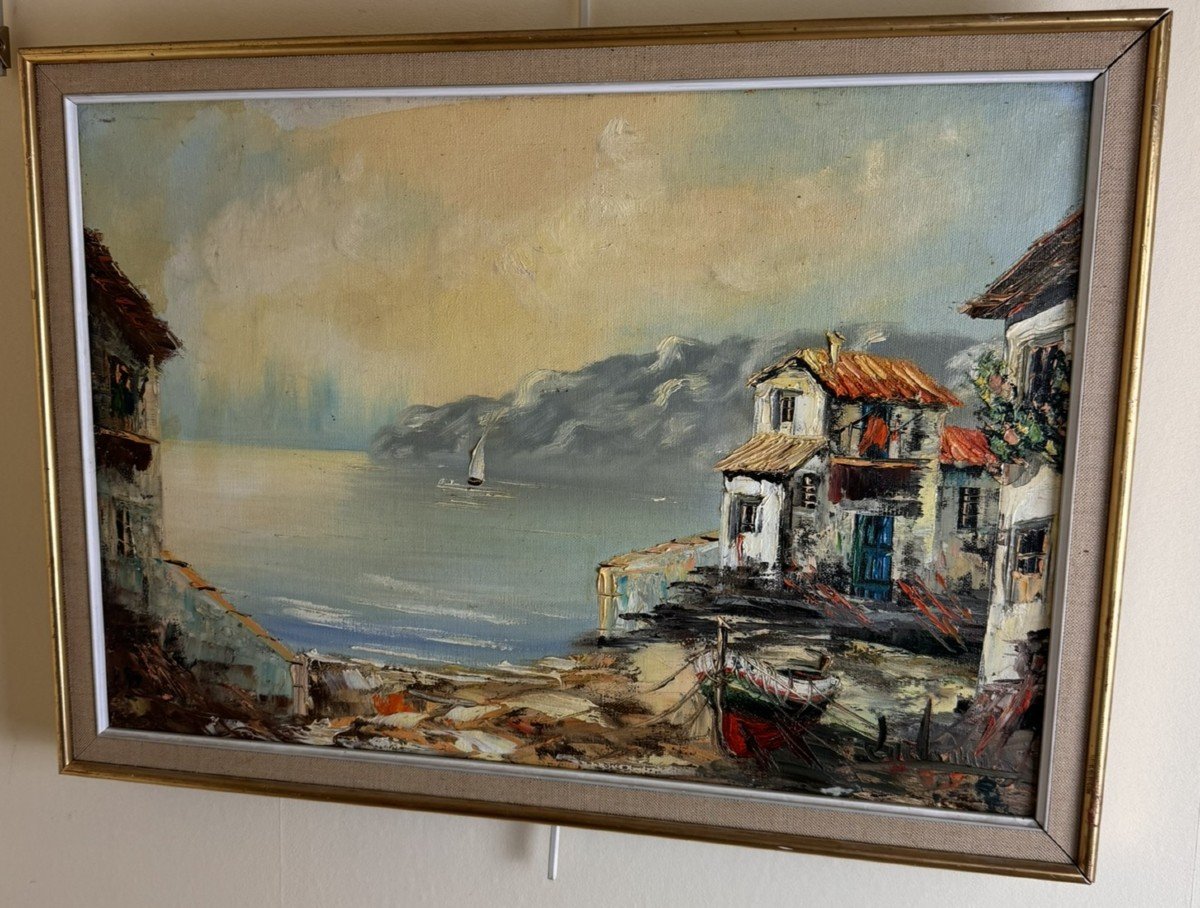 Grande Huile sur toile : vue d’une baie animée en bord de Méditerranée