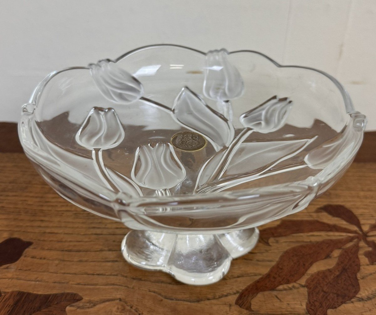 Pretty Vintage Baguier In Molded Pressed Glass With Tulip Decor-photo-3