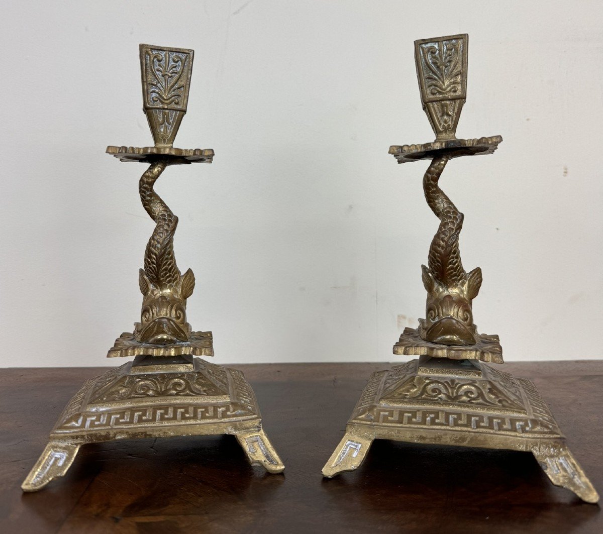 Pair Of Empire Style Gilt Bronze Dolphin Candlesticks -photo-3