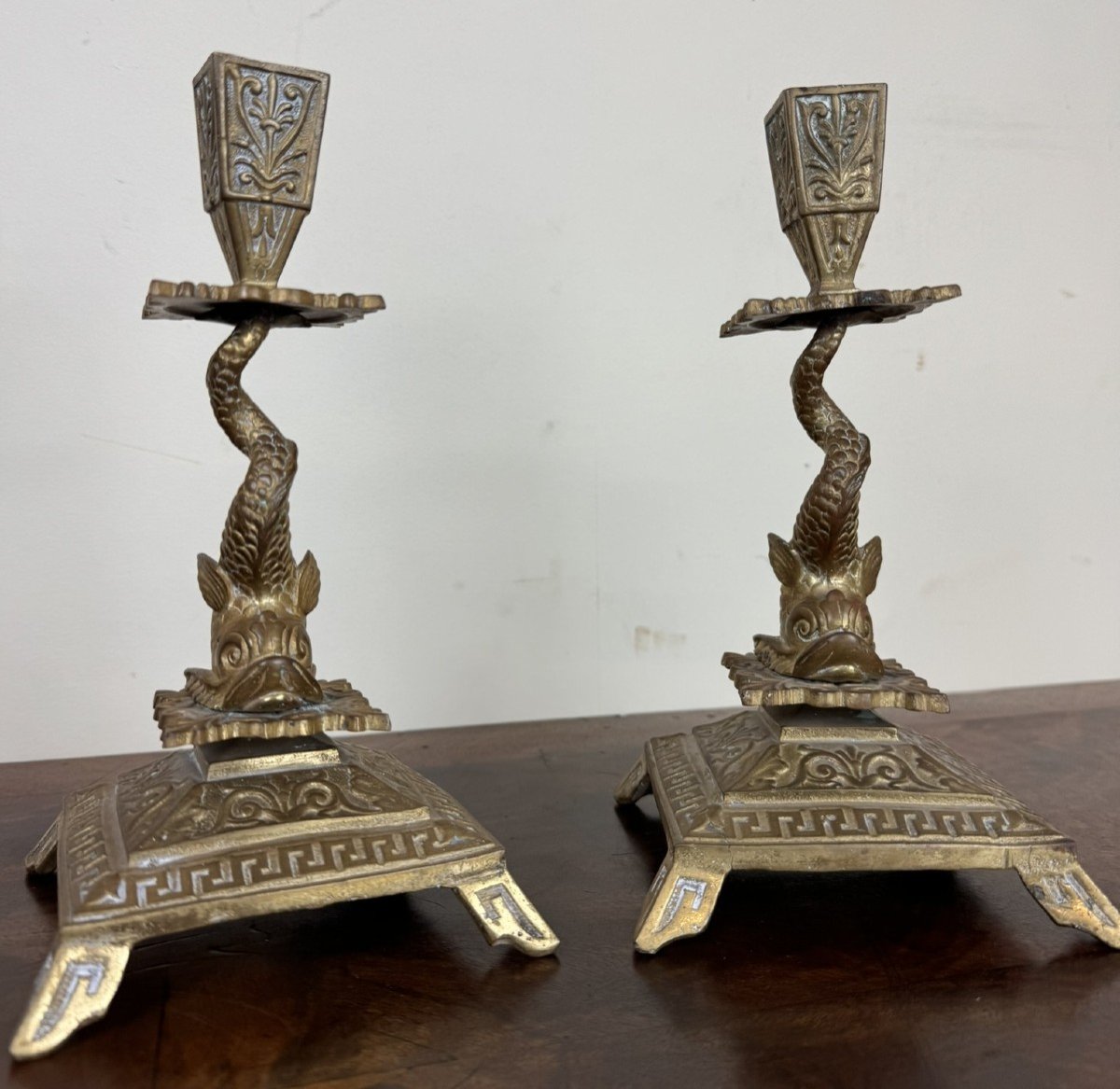 Pair Of Empire Style Gilt Bronze Dolphin Candlesticks 