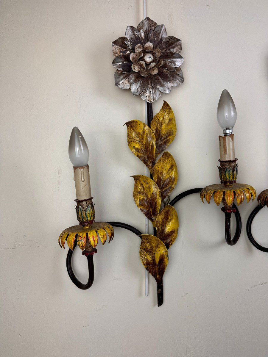 Pair Of Vintage Polychrome Sheet Metal Wall Lights -photo-3