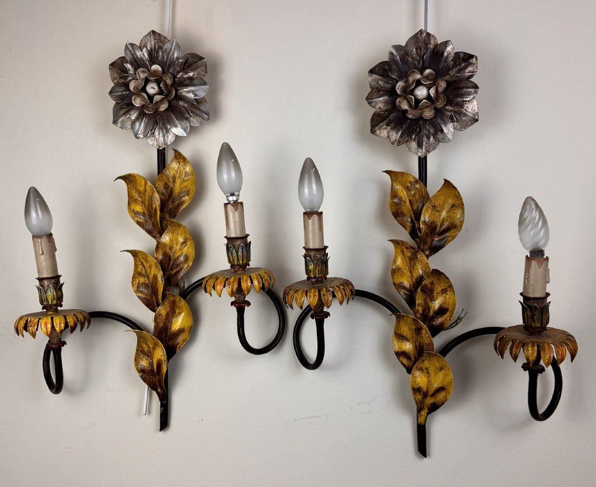 Pair Of Vintage Polychrome Sheet Metal Wall Lights 