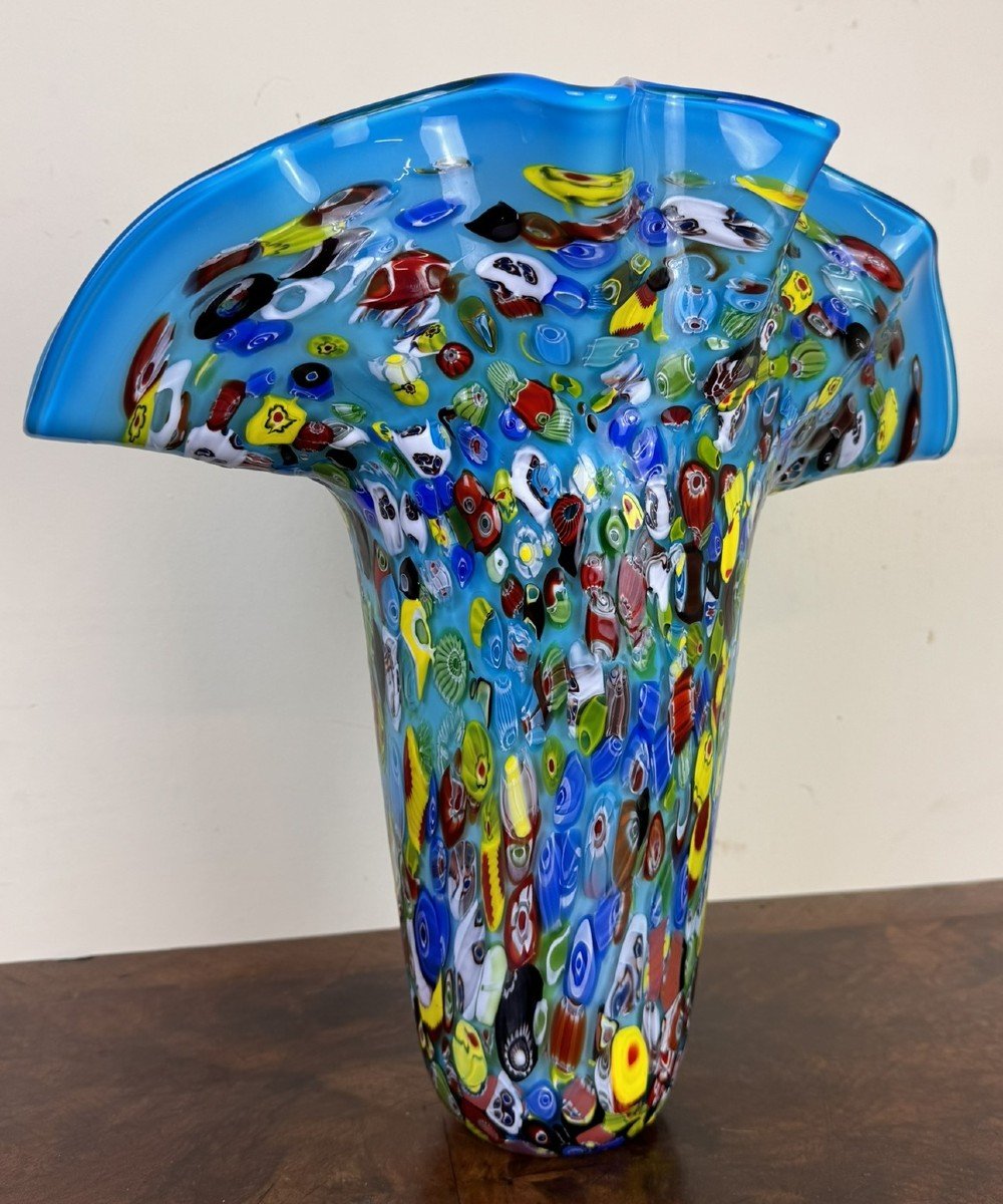 Vase "octopusy" En Verre Millefiori A Fond Bleu -photo-1