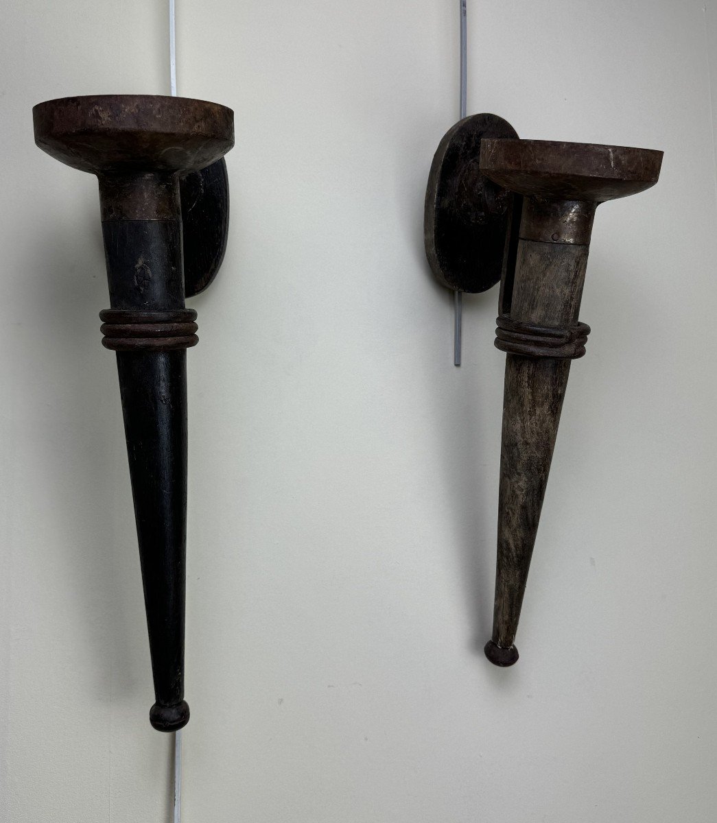 Rare Pair Of Medieval Style Iron Torchieres -photo-2