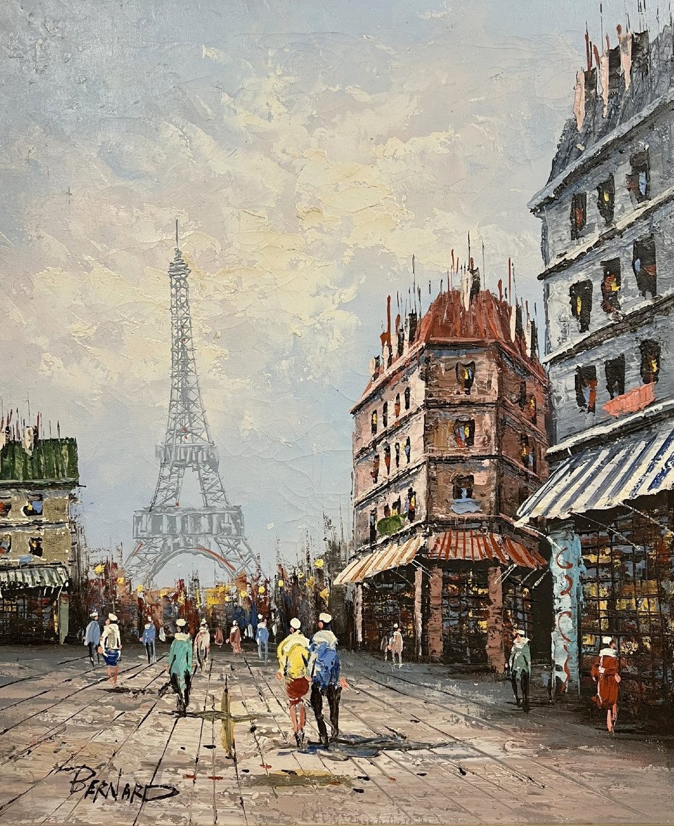 Bernard : Huile Sur Toile Vue De La Tour Eiffel A Paris Vers 1970  -photo-5