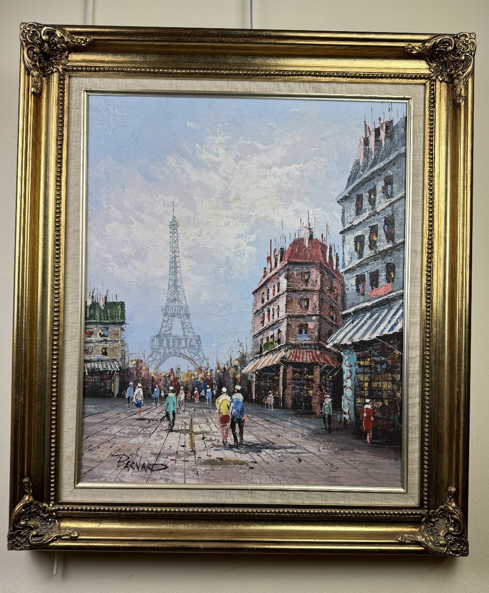 Bernard: Oil On Canvas View Of The Eiffel Tower In Paris Around 1970  -photo-1