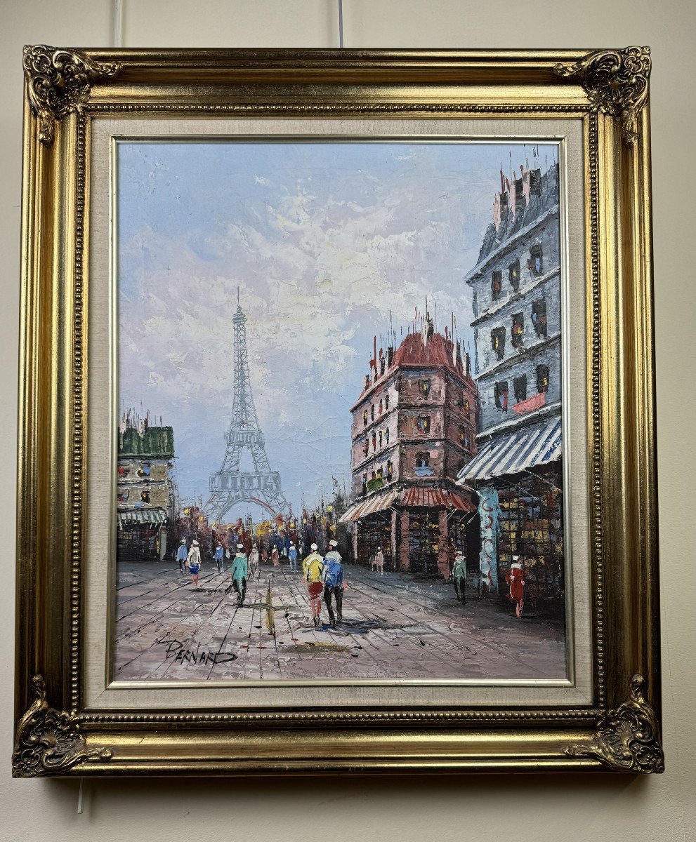 Bernard: Oil On Canvas View Of The Eiffel Tower In Paris Around 1970  