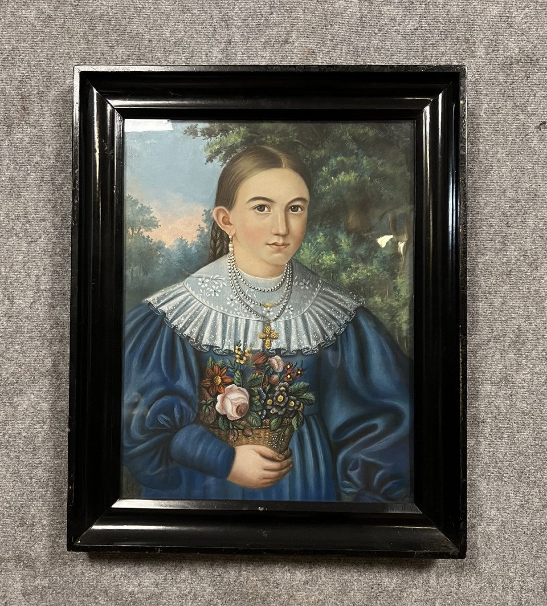 Watercolor: Young Girl With Bouquet Of Flowers 