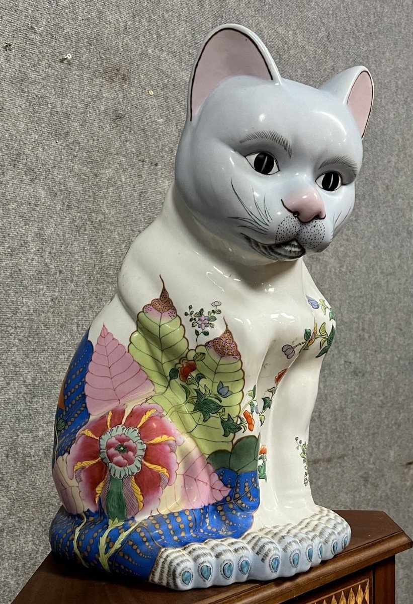 Asie XXeme : très grand Chat En Porcelaine Chinoise / h 56 cm-photo-3