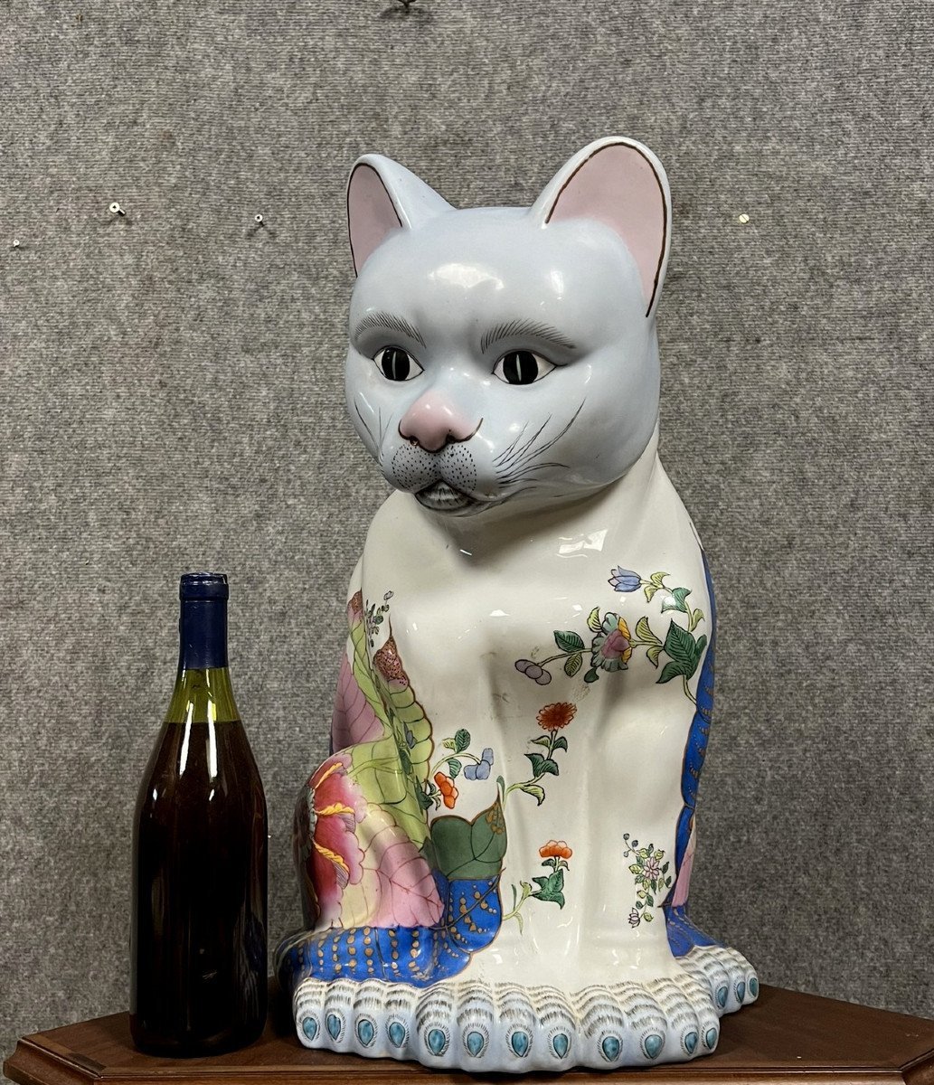 Asie XXeme : très grand Chat En Porcelaine Chinoise / h 56 cm